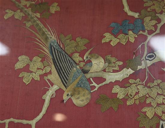 A Chinese embroidered silk bird panel, 101 x 44cm, framed